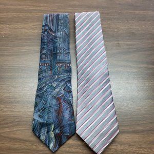 LOT 2 Men's Neck Ties - Gray/pink Stripes, Blue/green Vtg City Street Scene 4"